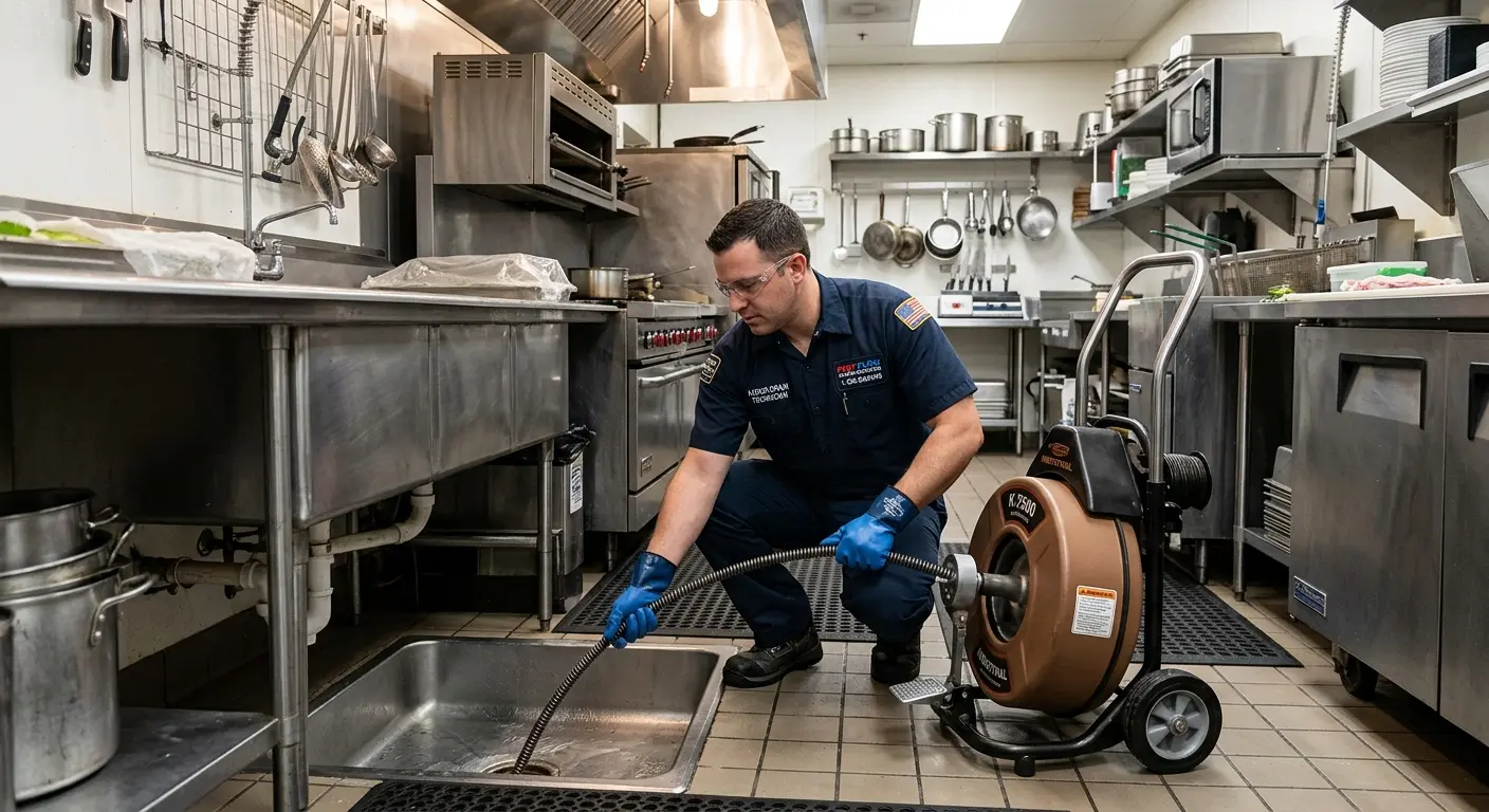 Commercial drain cleaning service in a restaurant kitchen in Flushing