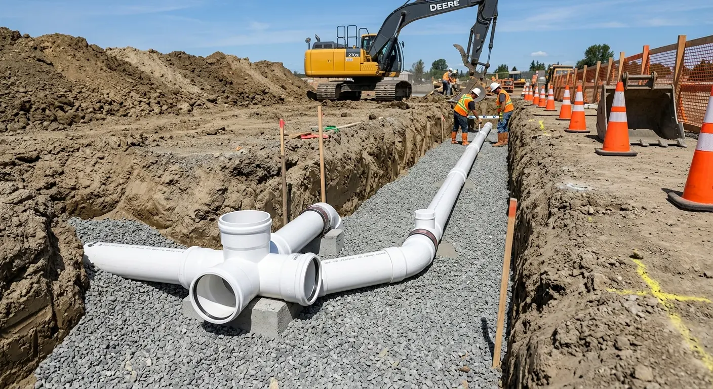 New PVC sewer pipe installation in open trench for Commercial Drain Cleaning in Flushing