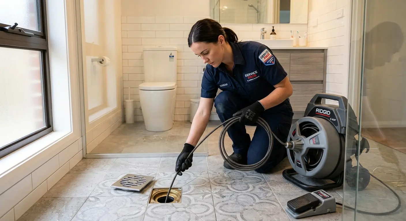 Technician clearing a bathroom floor drain for Sewer Line Installation in Flushing